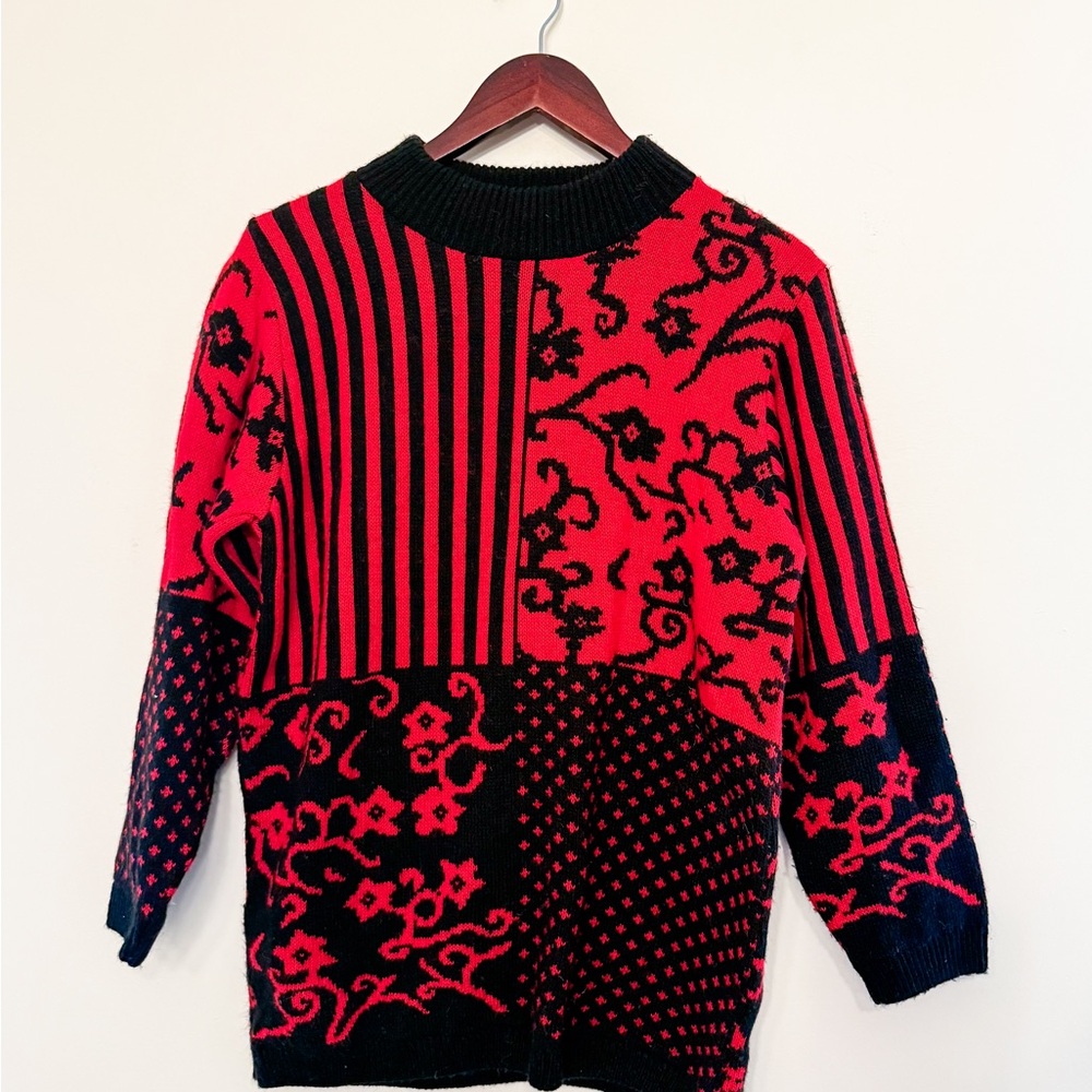 Alfred Dunner Red and Black Patterned Colorblock Sweater